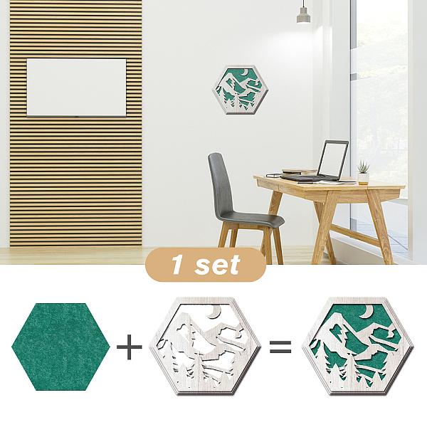 

PandaHall Custom Wool Felt & Wood Wall Decorations, Home Decorations, Hexagon, Mountain & Forest, Finished: 305x265mm, 1pc Wood Others Green