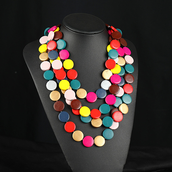Bohemian Style Flat Round Wood Beaded Multilayer Necklaces for Women