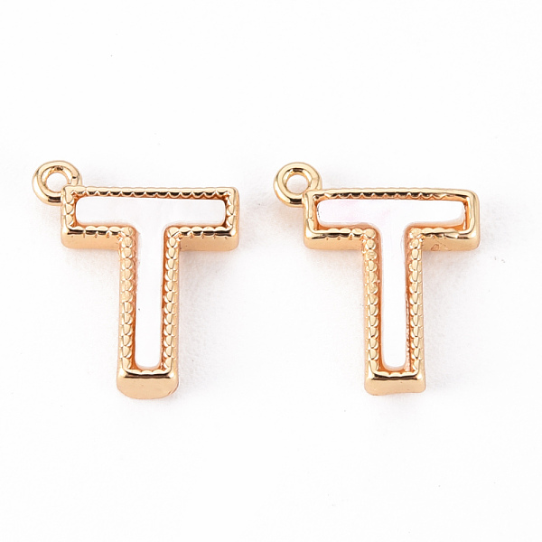

PandaHall Brass Charms, with Shell, Real 18K Gold Plated, Nickel Free, Letter.T, 11x9x2mm, Hole: 0.9mm White Shell Letter T