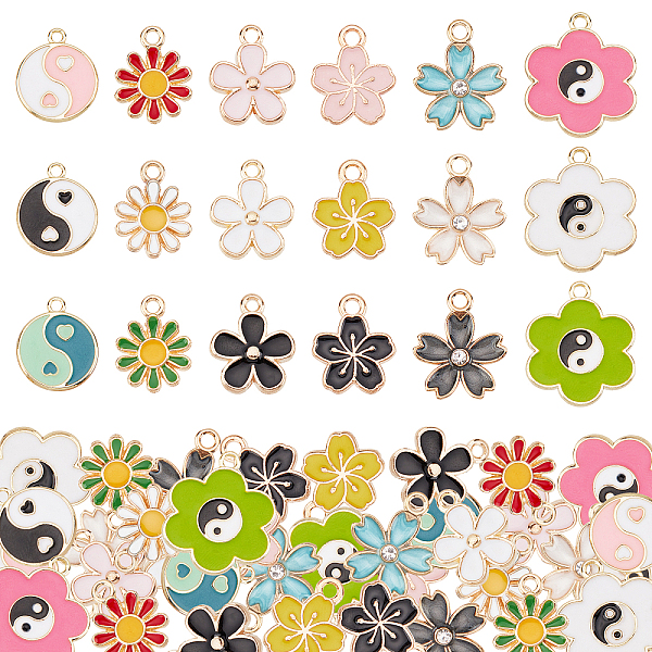 

PandaHall PH 72pcs Alloy Enamel Charms, 18 Styles Enamel Flower Pendants Colorful Floral Daisy Sunflower Dangle Charms Yin Yang Gossip..., Multicolor