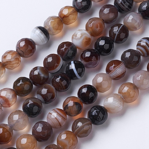PandaHall Natural Striped Agate/Banded Agate Beads Strands, Dyed & Heated, Faceted, Grade A, Round, Coffee, 8mm, Hole: 1.2mm, about...