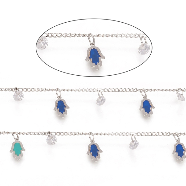 

PandaHall 3.28 Feet Handmade Brass Curb Chains, Soldered, with Enamelled Hamsa Hand & Clear Cubic Zirconia Charms, Long-Lasting Plated...