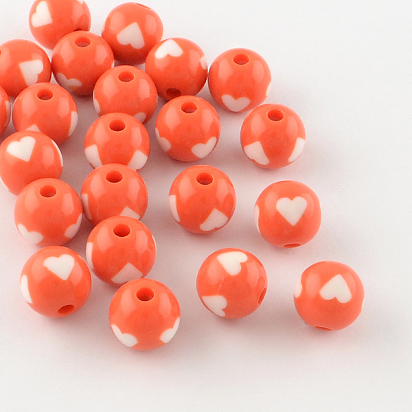 

PandaHall Heart Pattern Opaque Acrylic Beads, Round, Coral, 11~12x11mm, Hole: 3mm, about 550pcs/500g Acrylic Round Red
