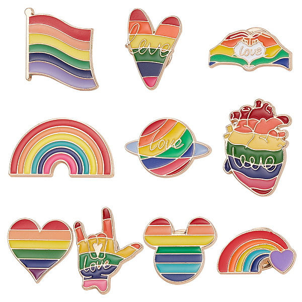 

PandaHall DELORIGIN 10Pcs 10 Style Rainbow Enamel Pin, Light Gold Alloy Brooch for Backpack Clothes, Heart/Planet/Hand, Mixed Shapes...