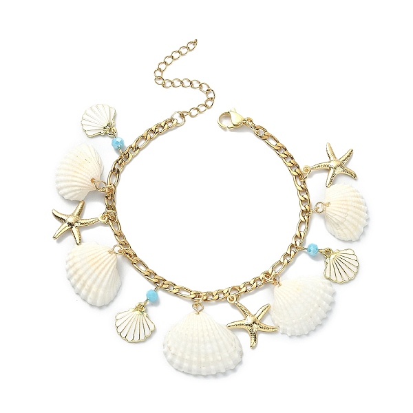 

PandaHall Natural Shell & 304 Stainless Steel Starfish & Alloy Enamel Charm Bracelet, with Figaro Chains, Real 18K Gold Plated, 7 inch...