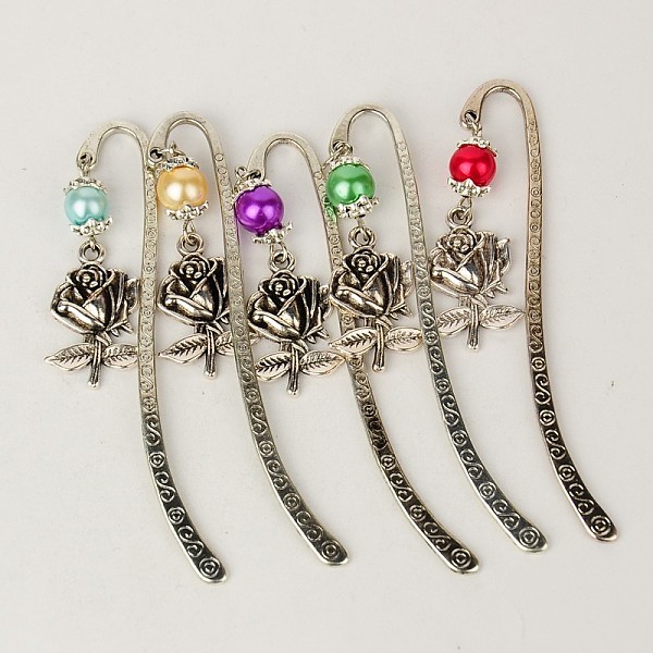 

PandaHall Tibetan Style Bookmarks/Hairpins for Valentine's Day, with Glass Pearl Beads, Rose, Mixed Color, 84mm Alloy Multicolor