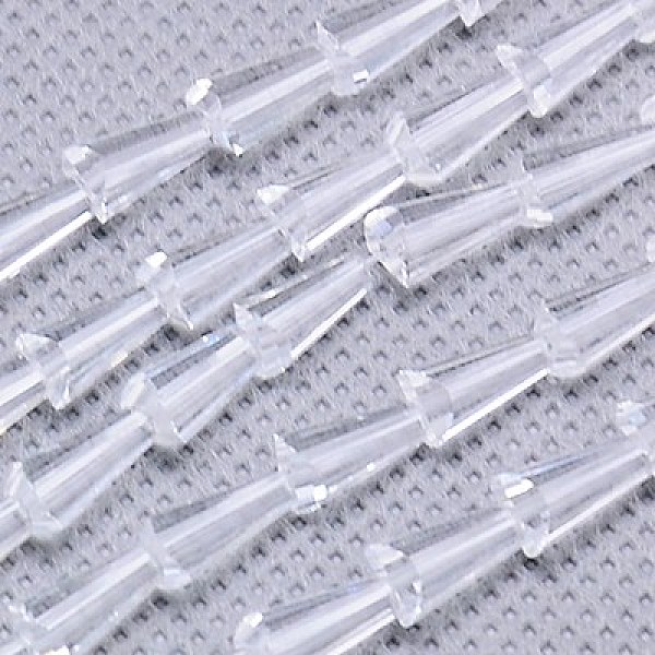 

PandaHall Glass Beads Strands, Faceted, Cone, Clear, 8x4mm, Hole: 1mm, about 72pcs/strand, 18 inch Glass Cone Clear