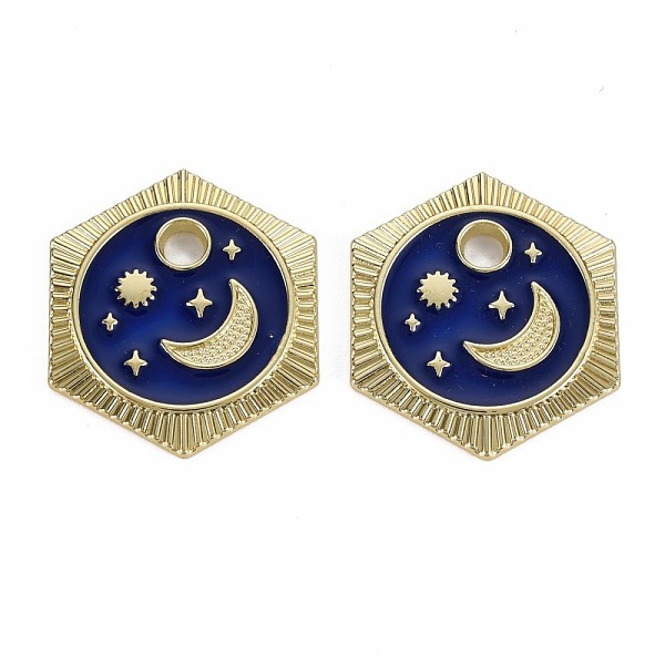 

PandaHall Rack Plating Alloy Pendants, with Enamel, Cadmium Free & Lead Free, Hexagon with Moon & Star, Light Gold, Blue, 23x20x1.5mm, Hole...