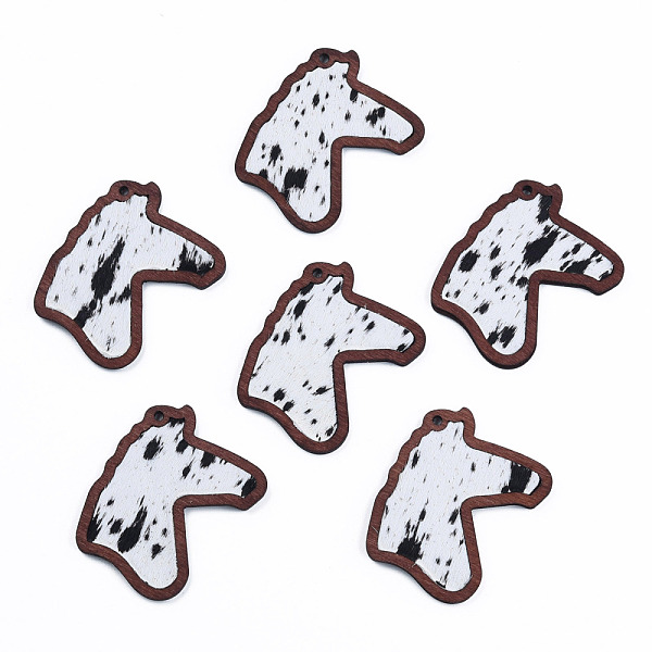 

PandaHall Eco-Friendly Cowhide Leather Big Pendants, with Dyed Wood, Horse's Head with Cow Pattern, Creamy White, 53.5x42x3mm, Hole: 2mm...
