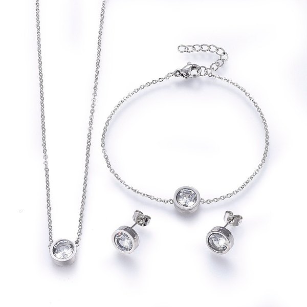 

PandaHall 304 Stainless Steel Jewelry Sets, Pendant Necklaces & Stud Earrings & Bracelets, with Cubic Zirconia, Flat Round, Stainless Steel..., Clear