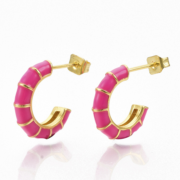 

PandaHall Brass Stud Earrings, Half Hoop Earrings, with Enamel and Earring Backs, Real 18K Gold Plated, Bamboo Shape, Deep Pink...