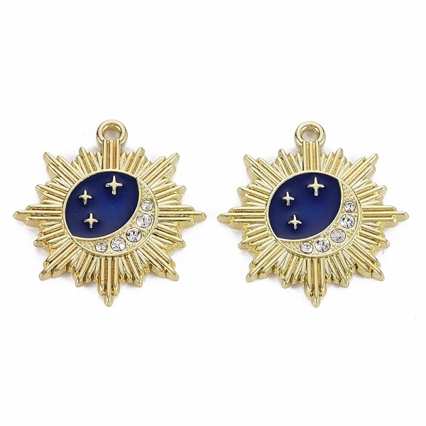 

PandaHall Rack Plating Alloy Crystal Rhinestone Pendants, with Enamel, Cadmium Free & Lead Free, Sun, Light Gold, Blue, 26x25x2mm, Hole...