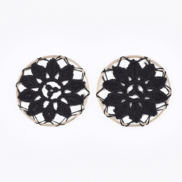 

PandaHall Polycotton(Polyester Cotton) Woven Pendant Decorations, with Brass Findings, Flat Round with Flower, Light Gold, Black, 35x1mm...