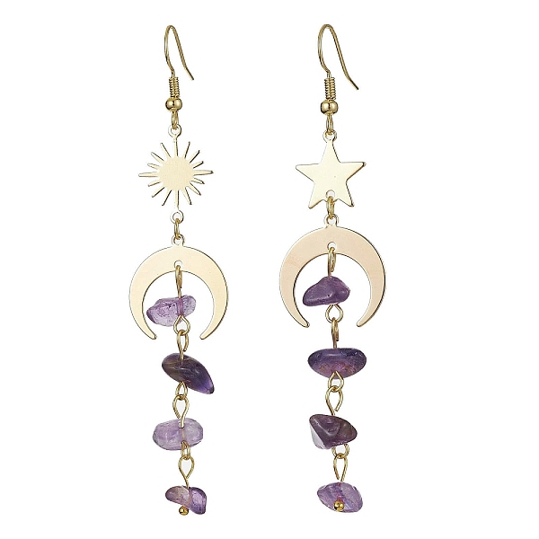 

PandaHall Moon & Sun & Star Brass Asymmetrical Earrings, Natural Amethyst Chips Tassel Earrings, 76~85x18mm Amethyst Moon