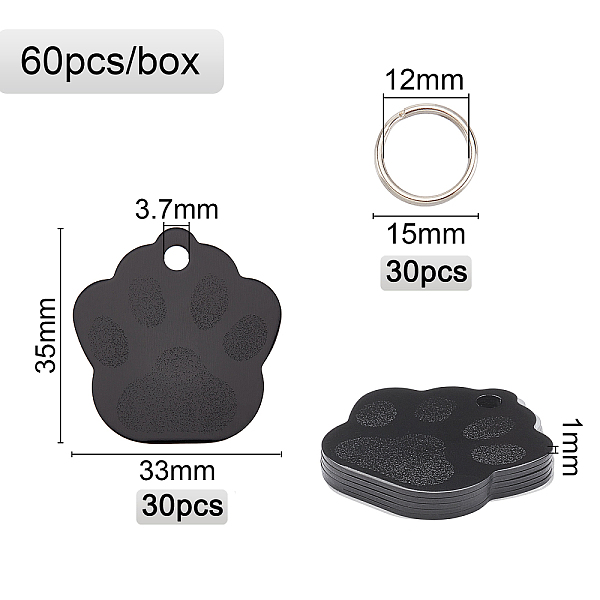 

PandaHall BENECREAT 30 Sets Aluminum Dog Paw Stamping With Split Rings 1.3inch Metal Black Pet Tags for DIY Crafts Aluminum Alloy Dog Black