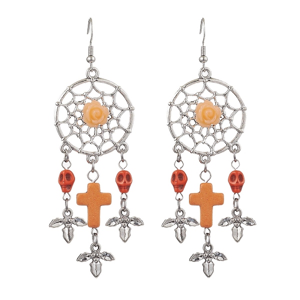 

PandaHall Woven Web/Net with Cross & Skull Synthetic Turquoise Dangle Earrings, Halloween Alloy & Brass Earrings for Women, Sandy Brown...
