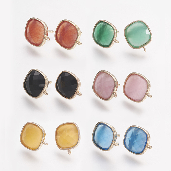 PandaHall Brass Micro Pave Cubic Zirconia Stud Earring Findings, with Loop, Glass, Square, Faceted, Mixed Shapes, Light Gold, Mixed Color...