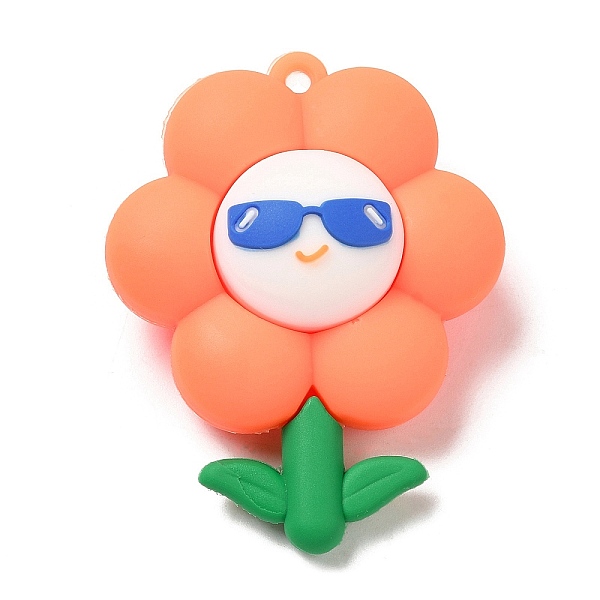 PandaHall PVC Plastic Big Pendants, Flower with Smiling Face Charm, Light Salmon, 52.5x41x21mm, Hole: 3mm PVC Flower