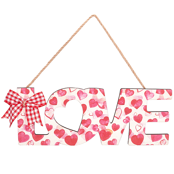 PandaHall CREATCABIN Valentine's Day Door Sign Love Wall Hanging Heart Wooden Signs Decorations Outdoor Pink Wall Decor Bowknot for Wedding...