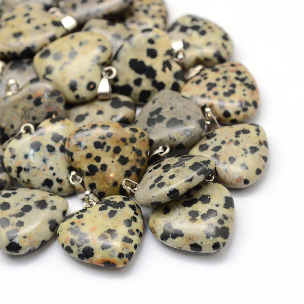 

PandaHall Heart Natural Dalmatian Jasper Pendants, with Platinum Tone Brass Findings, 20~22x20~21x5~8mm, Hole: 2x7mm Dalmatian Jasper Heart