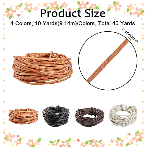 

PandaHall GORGECRAFT 40 Yard 4 Colors Cowhide Leather Cord Black Lace Rope Genuine Leather Strap Currant White Leather String Cording for..., Multicolor