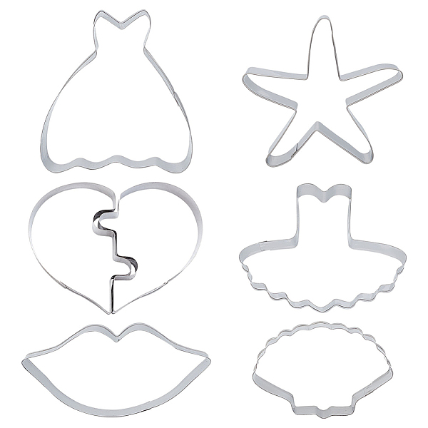 

PandaHall CRASPIRE Cookie Cutters Shapes Baking Set, 6PCS Heart Star Scallop Shell Lip Dress Shape Biscuit Stainless Steel Metal Cutter for...