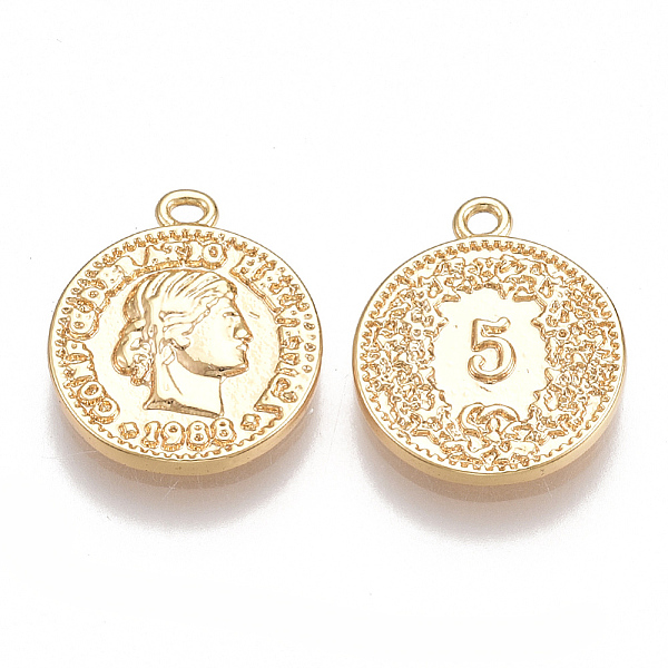 

PandaHall Brass Coin Charms, Flat Round, Nickel Free, Real 18K Gold Plated, 14x12x2mm, Hole: 1mm Brass Flat Round