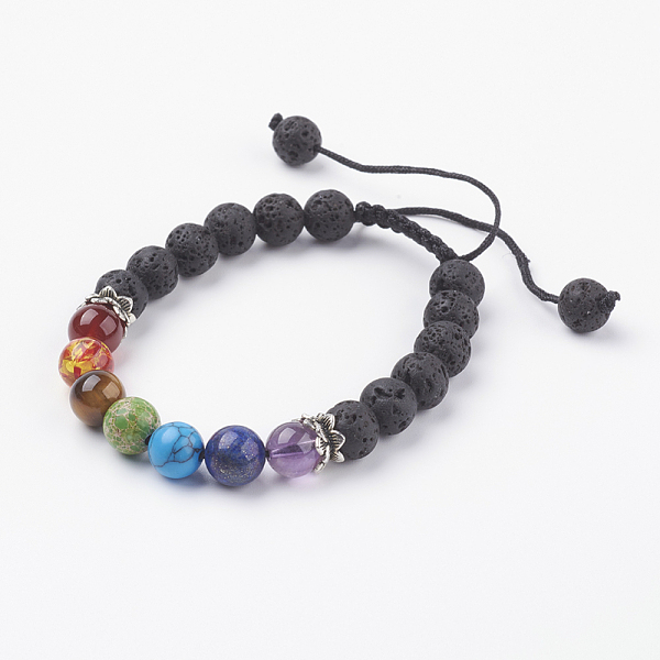 

PandaHall Chakra Jewelry, Adjustable Gemstone and Resin Braided Bead Bracelets, with Nylon Thread and Alloy Findings, Natural Lava Rock...