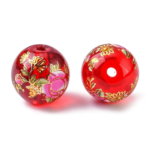 

PandaHall Flower Picture Printed Glass Round Beads, Red, 10mm, Hole: 1mm Glass Round Red