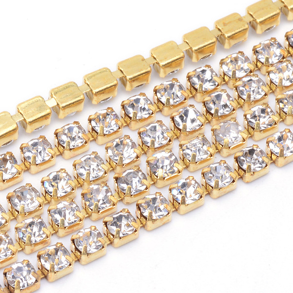 

PandaHall Brass Rhinestone Strass Chains, Rhinestone Cup Chains, Raw(Unplated), Nickel Free, Crystal, 2.3~2.4mm, about 10yards/bundle..., Clear