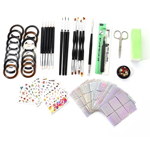 PandaHall Manicure Tools Kits, with Nail Art Pens Sets, Decoration Accessories, Striping Tape Line, Template Stickers, Water Transfer...