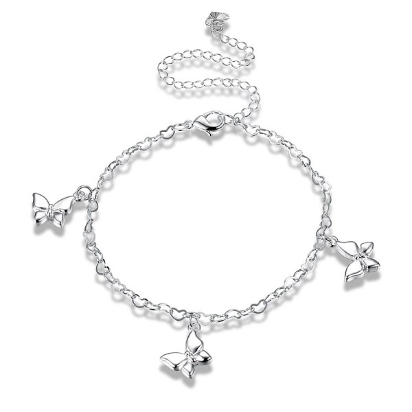 PandaHall Trendy Brass Charm Anklets, Heart Link Chain with Butterfly, Silver, 7-7/8 inches(200mm) Brass