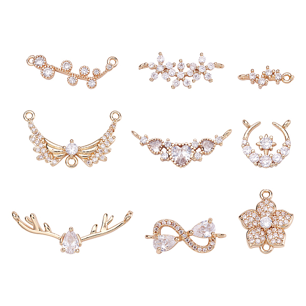 

PandaHall Sparkeads 18Pcs 9 Style Brass Micro Pave Clear Cubic Zirconia Links Connectors, Long-Lasting Plated, Infinity & Heart & Flower &...