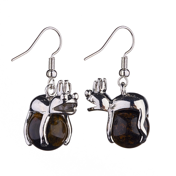 

PandaHall Natural Tiger Eye Frog Dangle Earrings, Platinum Brass Jewelry for Women, 37mm, Pin: 0.6mm Tiger Eye