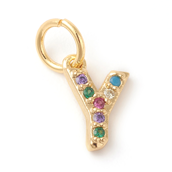 

PandaHall Brass Micro Pave Colorful Cubic Zirconia Charms, Golden, Letter.Y, 8.5x6x2mm, Hole: 3mm Brass+Cubic Zirconia Letter Y