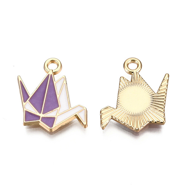 

PandaHall Alloy Pendants, with Enamel, Paper Crane, Light Gold, Medium Purple, 17x17x2mm, Hole: 2mm Alloy+Enamel Others Purple