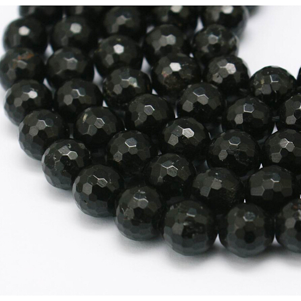 PandaHall Natural Tourmaline Beads Strands, Faceted, Round, Black, 8mm, Hole: 1mm Tourmaline Round Black