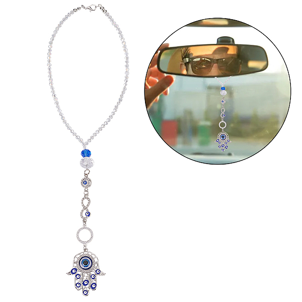 

PandaHall Hamsa Hand/Hand of Miriam with Evil Eye Pendant Decoration, with Glass Beaded Chain and Alloy Lobster Clasps, for Car Hanging...
