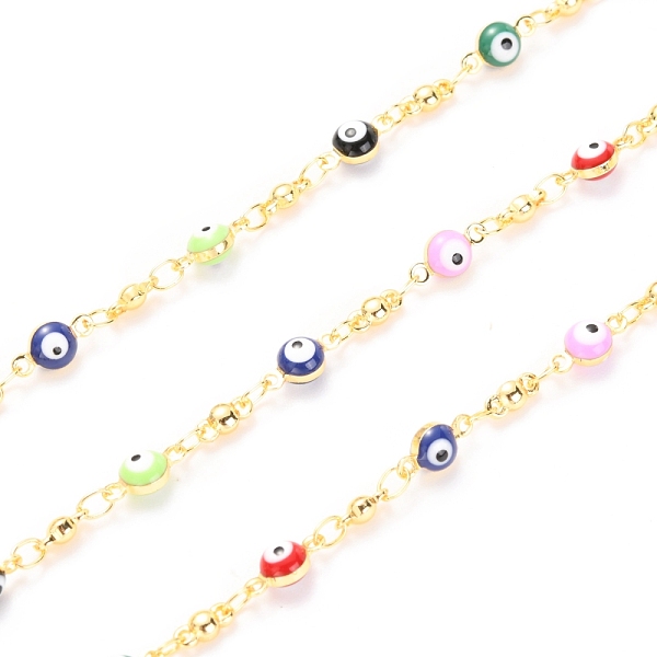 

PandaHall Golden Brass Enamel Link Chain, Long-Lasting Plated, with Spool, Evil Eye, Soldered, Colorful, Link: 9x4.5x3.5mm and 6x4x2.5mm...