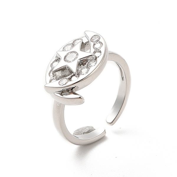 

PandaHall Clear Cubic Zirconia Moon & Star Open Cuff Ring, Brass Jewelry for Women, Platinum, US Size 6(16.5mm) Brass+Cubic Zirconia