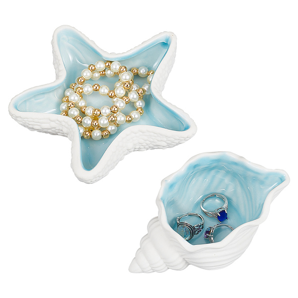 

PandaHall 2Pcs 2 Style Ocean-themed Ceramic Jewelry Plate, Storage Tray for Rings, Necklaces, Earring, Starfish & Conch...