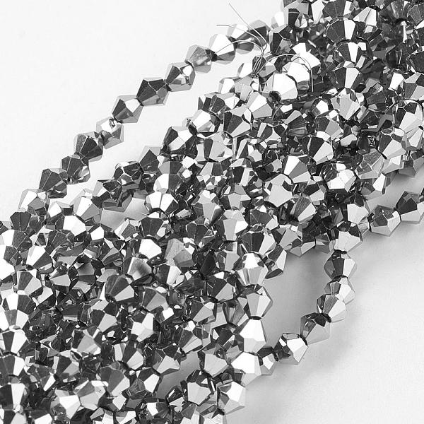 

PandaHall Electroplate Glass Beads Strands, Full Plated, Faceted, Bicone, Silver, 3.5x3mm, Hole: 1mm, 113~115pcs/strand, 36~36.5cm Glass...