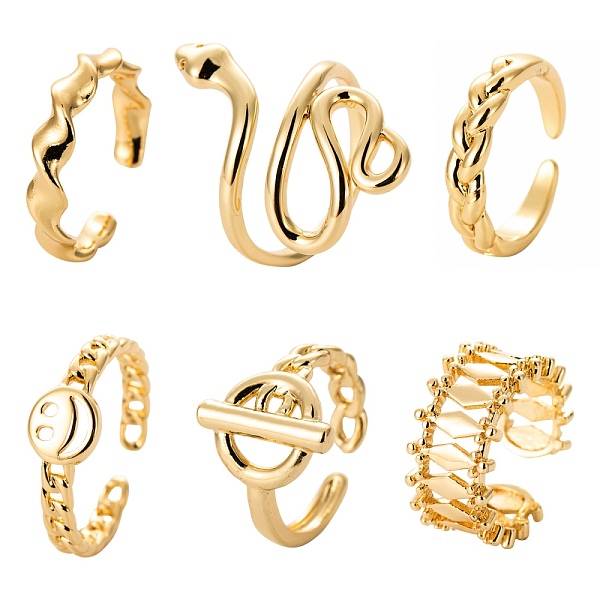 

PandaHall 6Pcs 6 Styles Brass Cuff Rings, Open Rings, Long-Lasting Plated, Ring with Bar & Snake & Rhombus & Twist & Smiling Face, Real 18K...