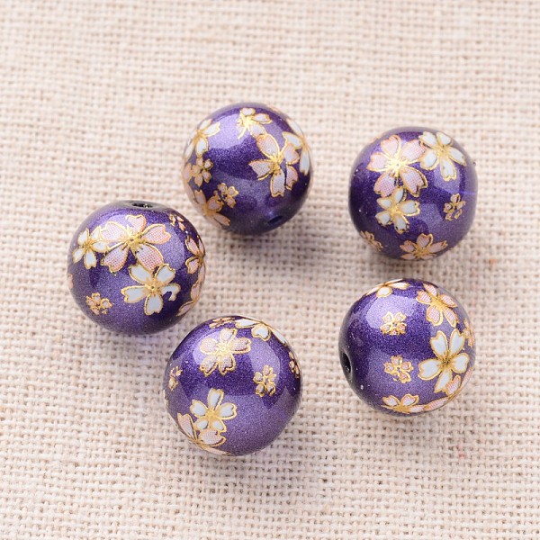 

PandaHall Flower Picture Printed Glass Round Beads, Blue Violet, 10mm, Hole: 1mm Glass Round Purple