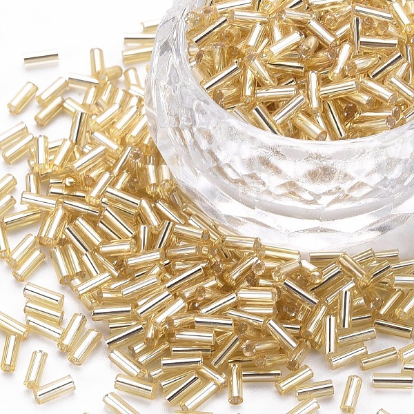 

PandaHall Plated Glass Bugle Beads, Metallic Colours, Pale Goldenrod, 4x2mm, Hole: 1mm, about 14000pcs/Pound Glass