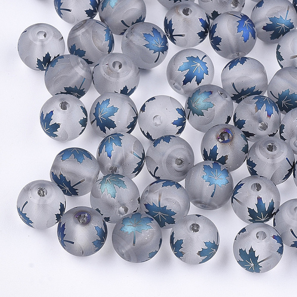 

PandaHall Autumn Theme Electroplate Transparent Glass Beads, Frosted, Round with Maple Leaf Pattern, Steel Blue, 8~8.5mm, Hole: 1.5mm Glass...