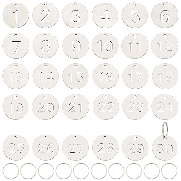 PandaHall BENECREAT 30 Pcs Stainless Steel Skeleton Number Tag 1-30 Number Tag 23mm with 38 Key Rings Number Tag for Dormitory Locker Home...