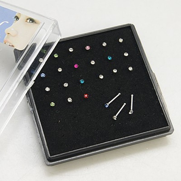 PandaHall Stainless Steel Nose Studs Nose Piercing Jewelry, with Grade A Rhinestones, without Box, Mixed Color,Stainless Steel Color,9mm...