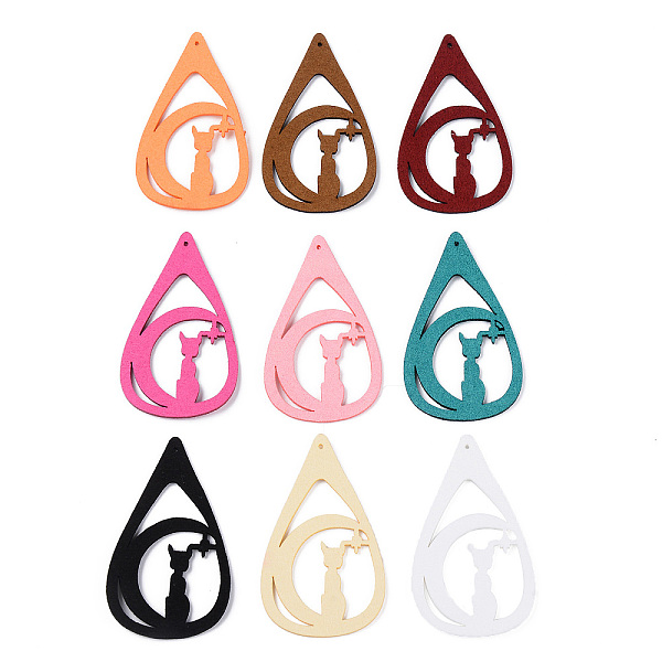 

PandaHall Faux Suede Big Pendants, Halloween, Teardrop with Cat, Mixed Color, 64~65x38~39x1.5mm, Hole: 1.2mm Faux Suede Teardrop Multicolor