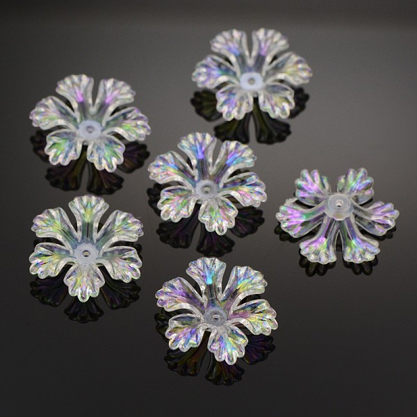 

PandaHall AB Color Plated Eco-Friendly Transparent Acrylic Bead Caps, 6-Petal, Clear AB, 26.5x26.5x7mm, Hole: 1.5mm, about 333pcs/500g..., White